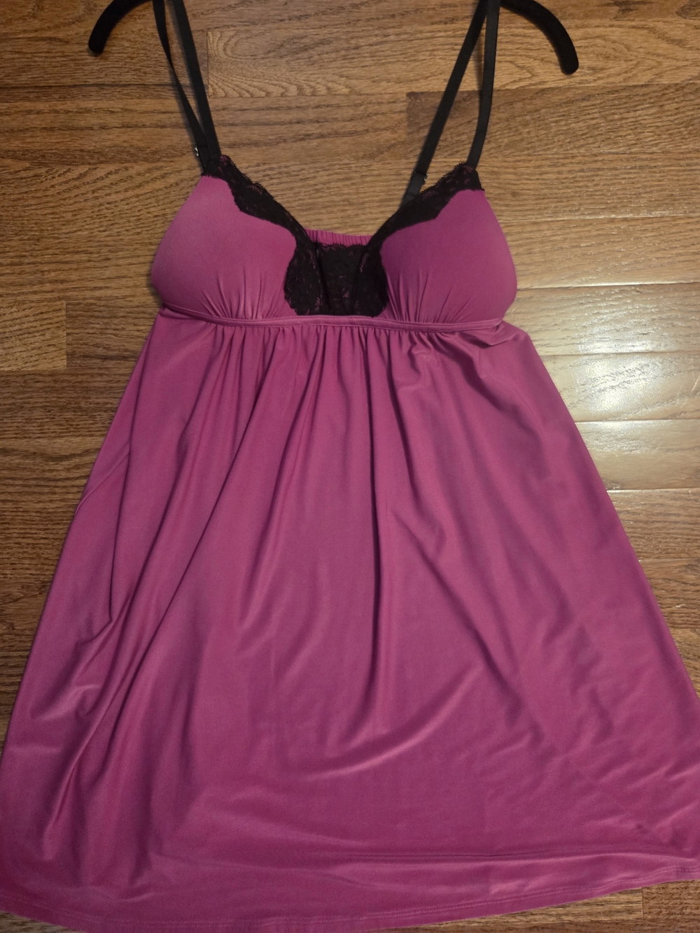In Bloom Magenta Lace-Trim Babydoll Nightgown with Black Straps, Small
